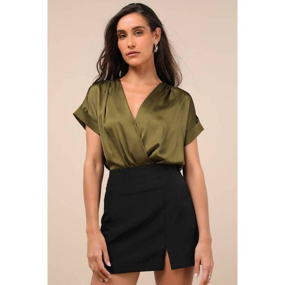 Lulus Posh Precision Olive Green Satin Surplice Short Sleeve Bodysuit / Medium